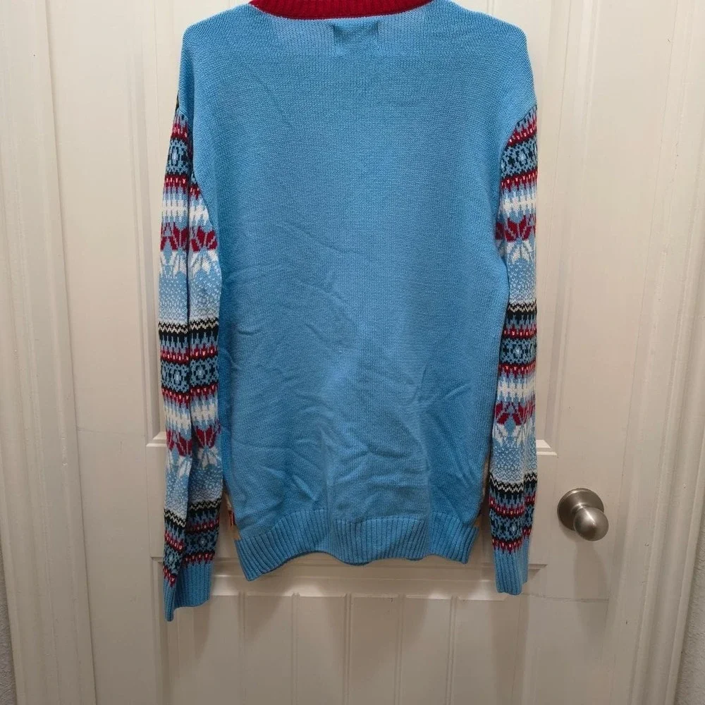 The Ugly Sweater Company blue and red Santa Claus Christmas sweater Size L